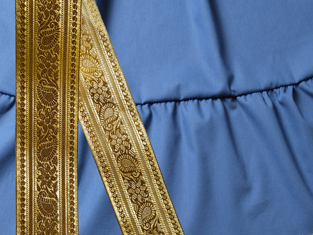 25-Yard Bauchtanzrock, jeansblau - individuelle Sari-Borte, Länge & Weite | FCBD, ATS, Tribal Fusion | Cotton Bellydance Padma Skirt